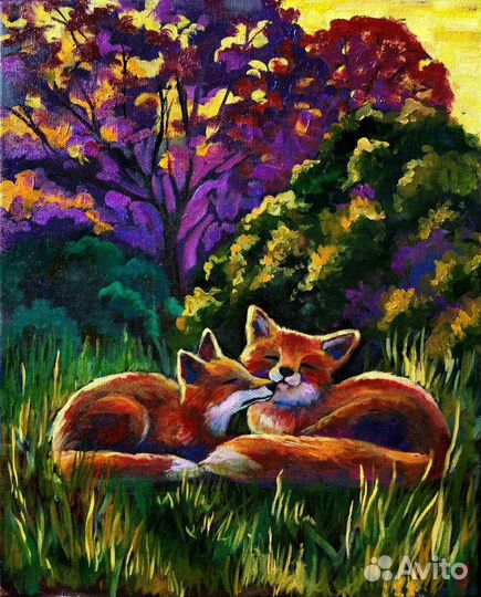 Картина маслом на холсте лиса собака хаски парочка