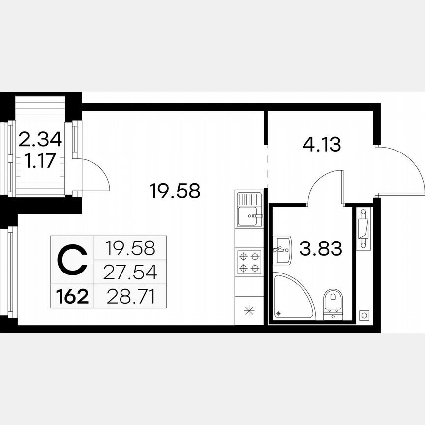 Квартира-студия, 28,7 м², 3/15 эт.