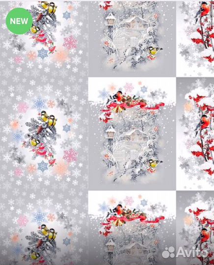 Ткань рогожка со снегирями