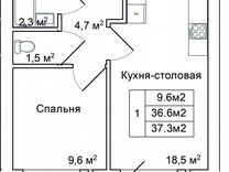 1-к. квартира, 37,3 м², 6/9 эт.