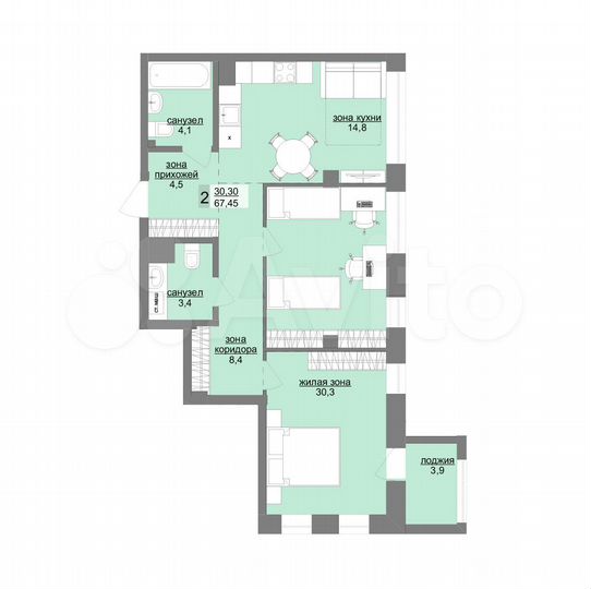 2-к. квартира, 67,5 м², 10/30 эт.