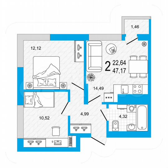 2-к. квартира, 47,2 м², 21/26 эт.