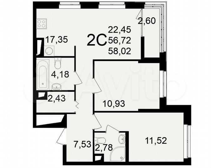 2-к. квартира, 58 м², 8/25 эт.