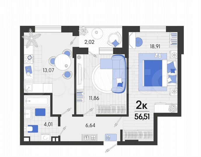 2-к. квартира, 56,5 м², 4/7 эт.