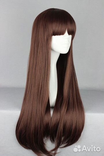 Парик длинный каштановый с челкой