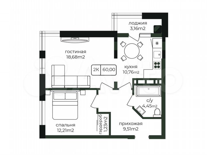 2-к. квартира, 60 м², 9/9 эт.