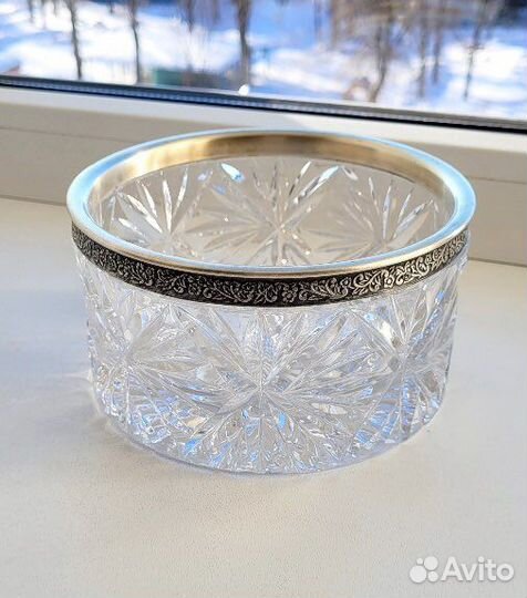 Конфетница салатник хрусталь с мельхиоровым ободко