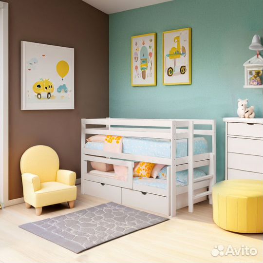 Кровать для 2-х детей из березы Белая