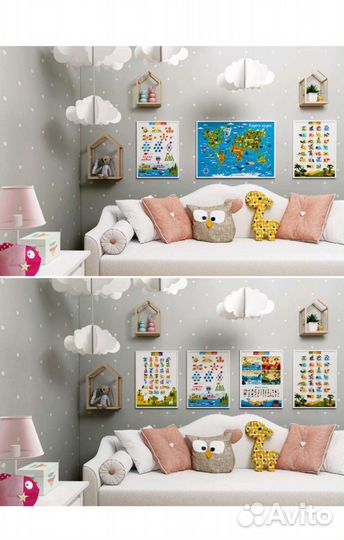 Географическая карта мира детская + 4 постера