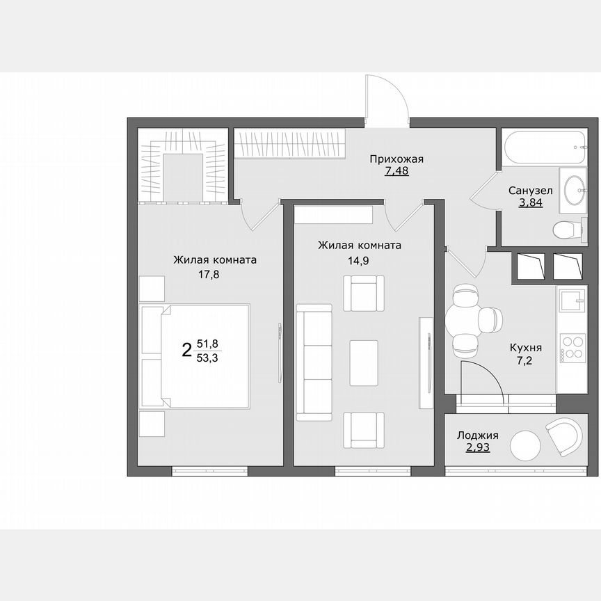 2-к. квартира, 53,3 м², 1/9 эт.
