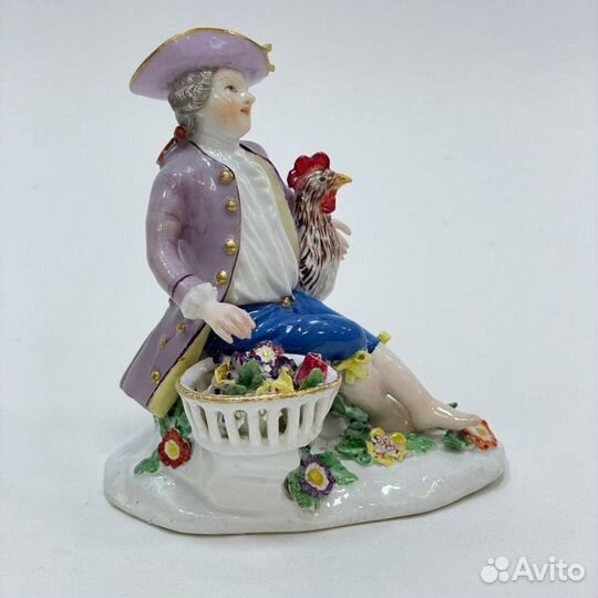 Коллекционная редкая статуэтка Юноша с петухом Meissen 1750-1755 No.8325