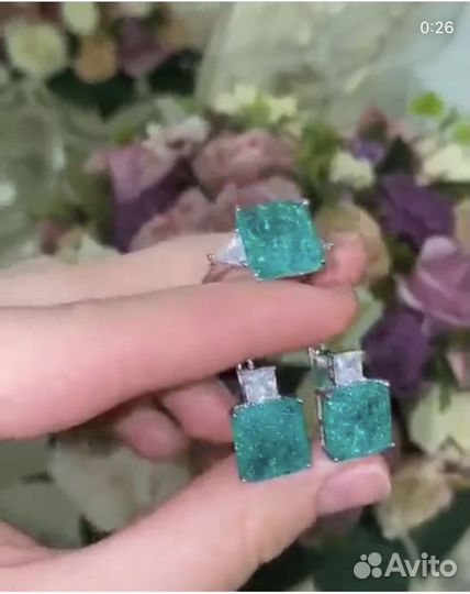 Комплект с сердцем из турмалина серебрянный