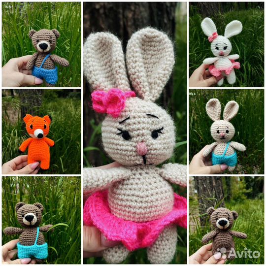 Вязаные игрушки зайки, мишки