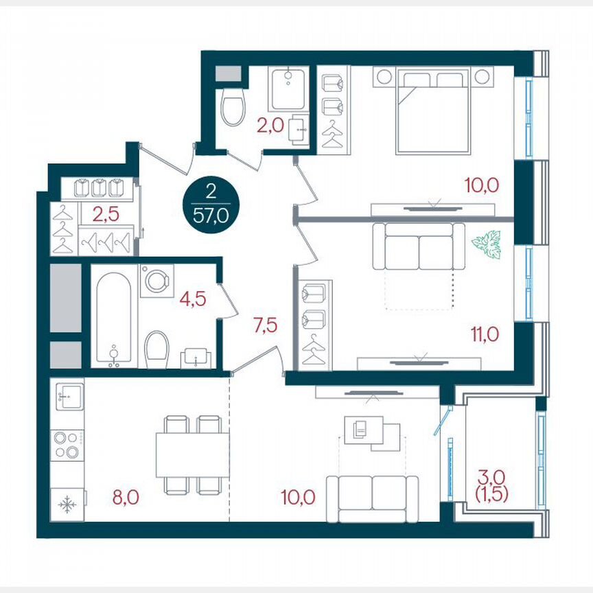 2-к. квартира, 57 м², 11/32 эт.