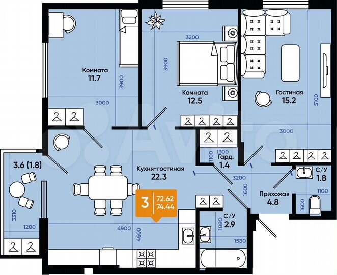 3-к. квартира, 74,4 м², 4/9 эт.