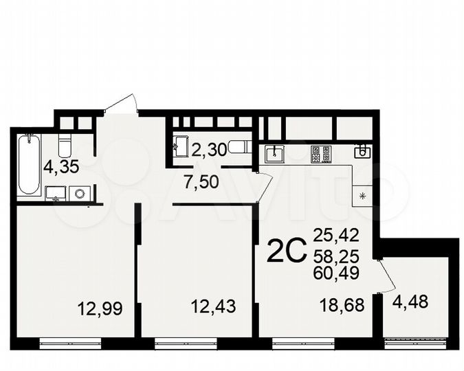 2-к. квартира, 60,5 м², 21/26 эт.