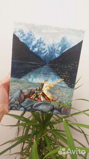 Картина маслом пейзаж горы костер