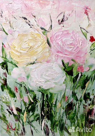 Картина маслом Цветы розы Текстурная живопись