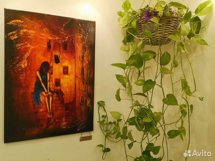 Картина маслом, холст 50х70 Девушка в синем