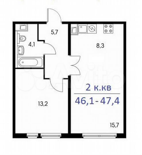 2-к. квартира, 46,4 м², 14/15 эт.