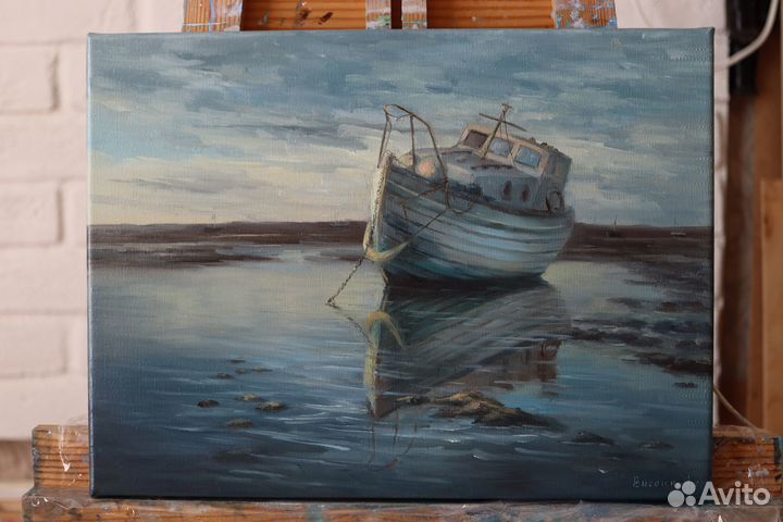Картина маслом Морской пейзаж Баркас 30х40см