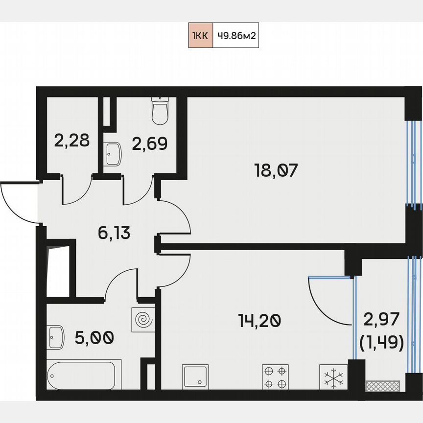 1-к. квартира, 49,9 м², 4/9 эт.