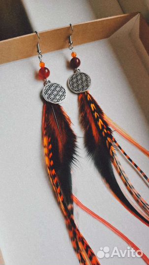 Серьги с перьями гризли ручная работа