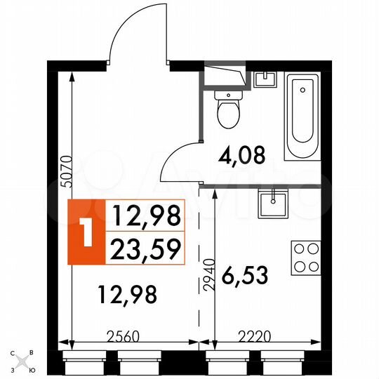 1-к. апартаменты, 23,6 м², 11/15 эт.