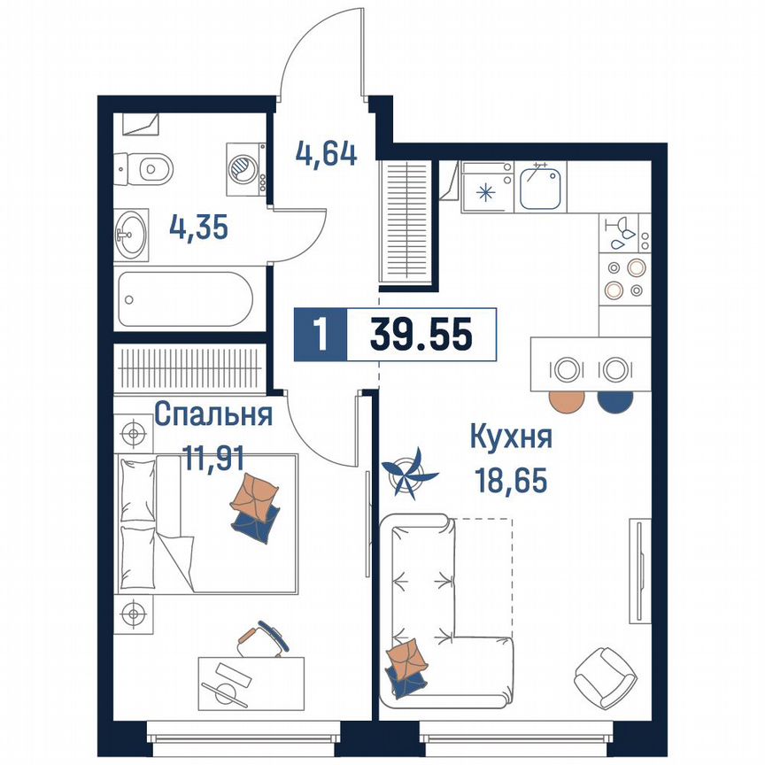 1-к. квартира, 39,6 м², 2/18 эт.