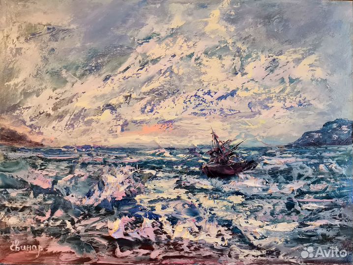 Картина маслом корабль море шторм Художник Свинар