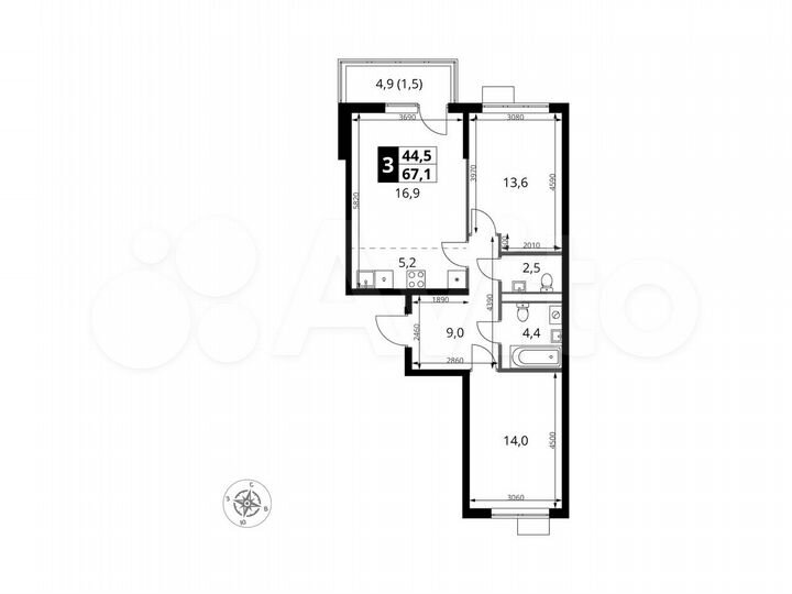 3-к. квартира, 67,1 м², 3/6 эт.