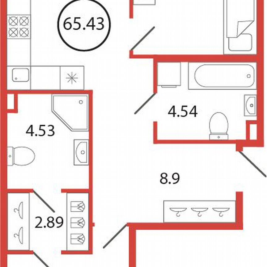 2-к. квартира, 65,4 м², 2/12 эт.