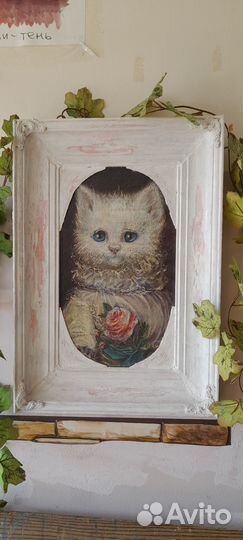 Картина маслом белая кошка винтажная подарочная