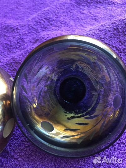 Сахарница, голубое стекло, напыление- латунь. Винт