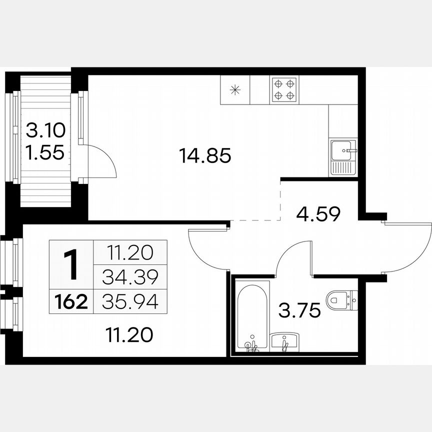 1-к. квартира, 35,9 м², 3/15 эт.
