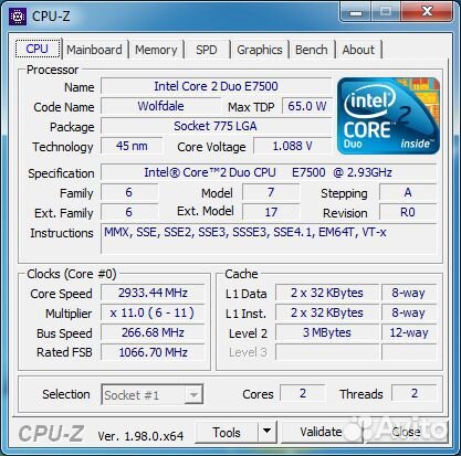 775 Intel Core 2 Duo E7500 / 2 ядра 2.93ghz