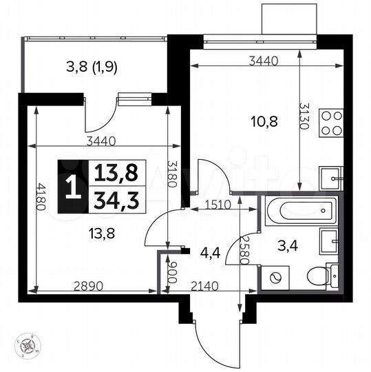 1-к. квартира, 34,3 м², 19/20 эт.