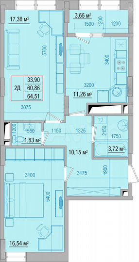 2-к. квартира, 64,5 м², 10/18 эт.