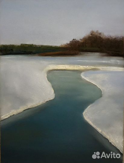 Картина пастель зимний пейзаж с речкой