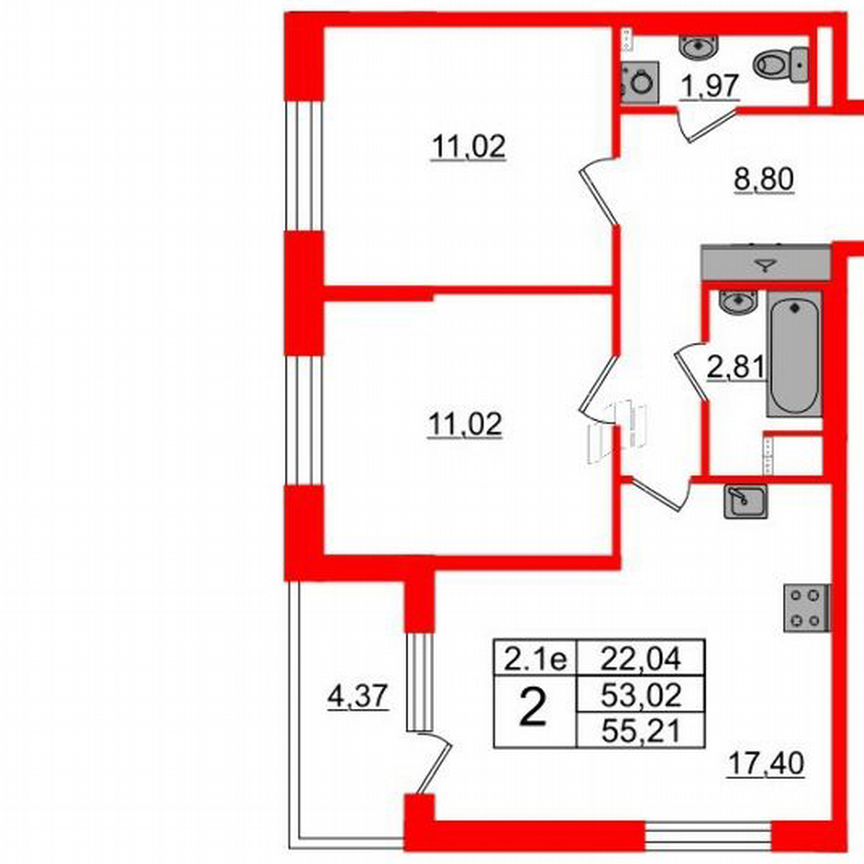 2-к. квартира, 53 м², 2/5 эт.