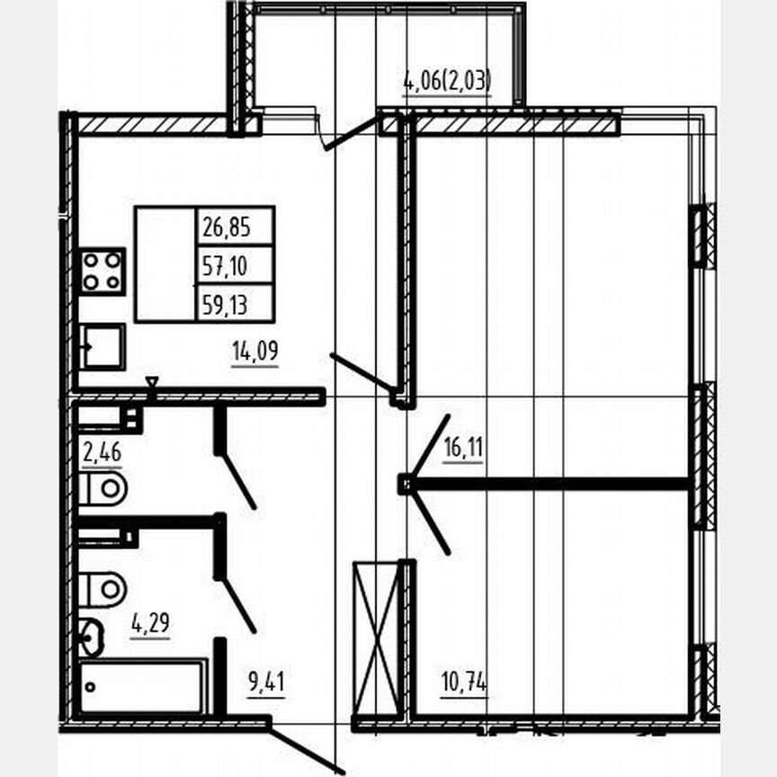 2-к. квартира, 57,1 м², 4/4 эт.
