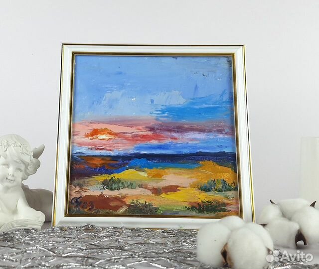 Небольшой пейзаж маслом. Закат на море. 20х20см