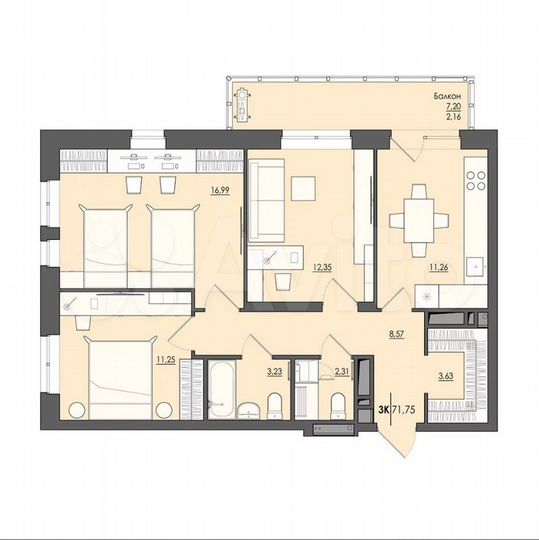 3-к. квартира, 73,1 м², 1/25 эт.