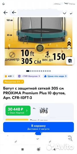 Батут 10ft (305 см) proxima premium