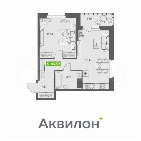 1-к. квартира, 43,6 м², 4/8 эт.