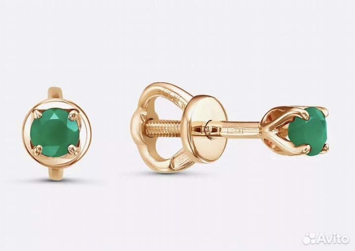 Пусеты с нат изумрудом,серебро с позолотой