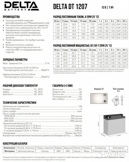 Аккумуляторная батарея Delta DT 1207