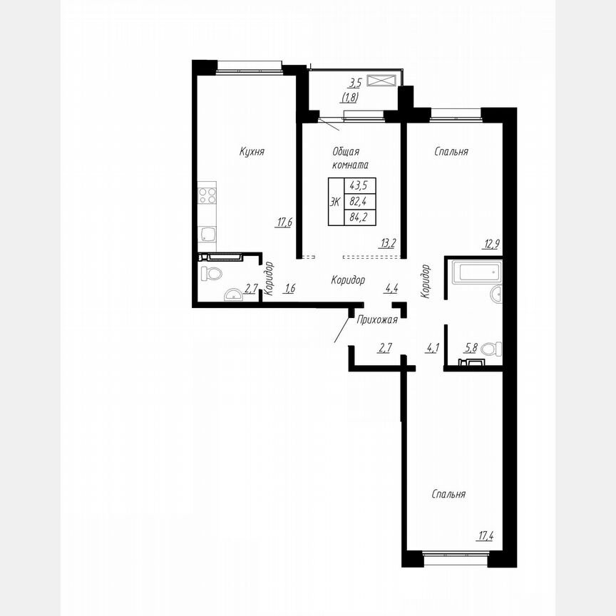 3-к. квартира, 84,2 м², 11/17 эт.