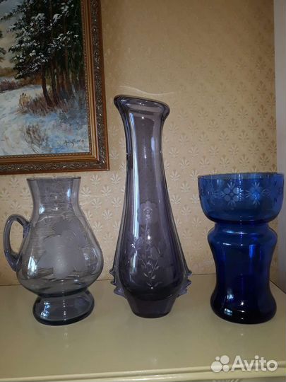 Вазы и кувшин, цветное стекло, винтаж, СССР