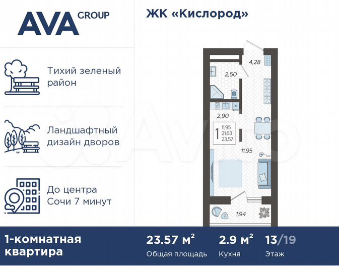 Квартира-студия, 23,6 м², 13/19 эт.